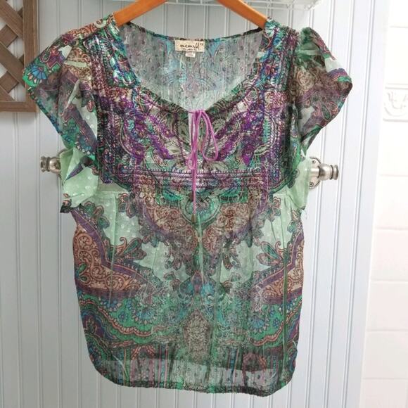 One World Green and Purple Sheer Patterned Blouse - Picture 1 of 8